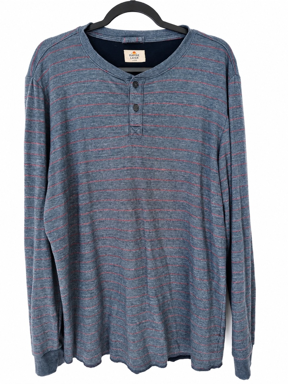 Marine Layer Mens Heathered Blue Red Stripe Henley Long Sleeve Shirt Rayon Blend